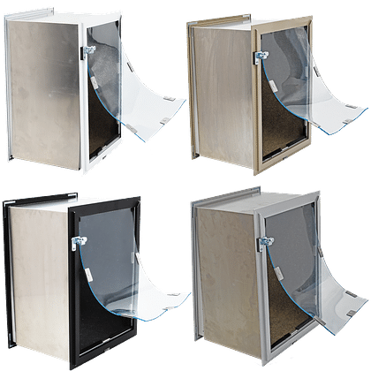 Four differently colored wooden boxes, each with a clear acrylic door partially open.