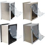 Four differently colored wooden boxes, each with a clear acrylic door partially open.