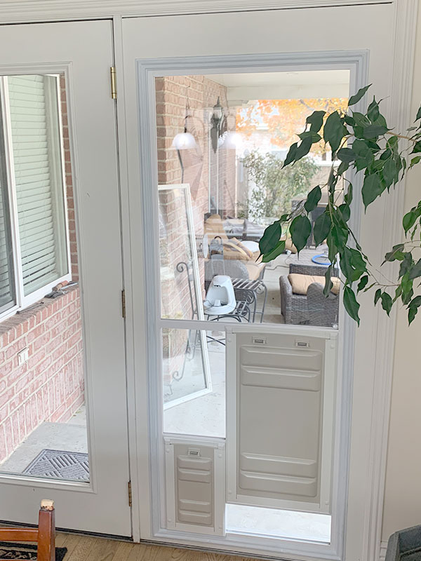 A glass patio door with a dog door installed in one side.