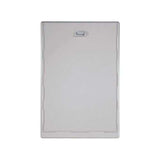 A gray, rectangular panel with a small latch mechanism at the top.