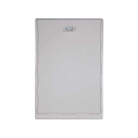A gray, rectangular panel with a small latch mechanism at the top.