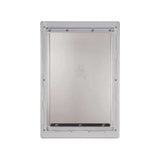 Rectangular metal pet door frame with a metal door.