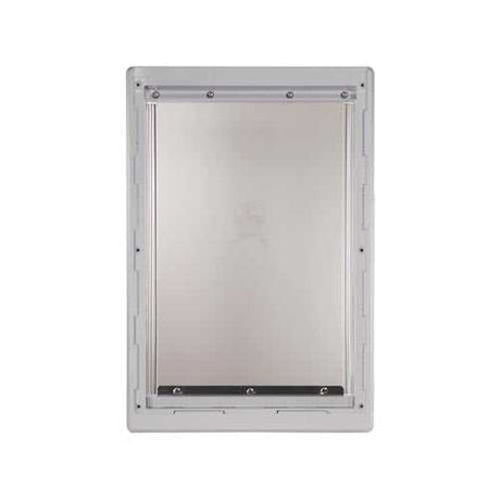 Rectangular metal pet door frame with a metal door.