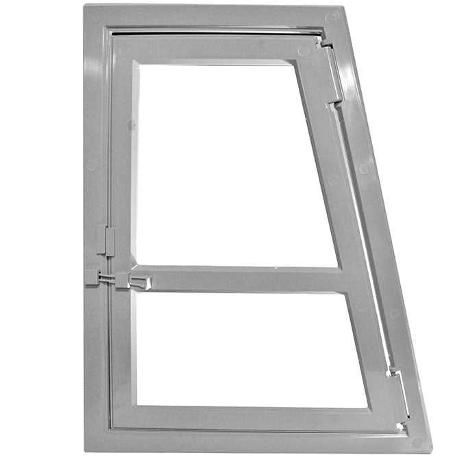 A gray plastic dog door frame with a missing flap.