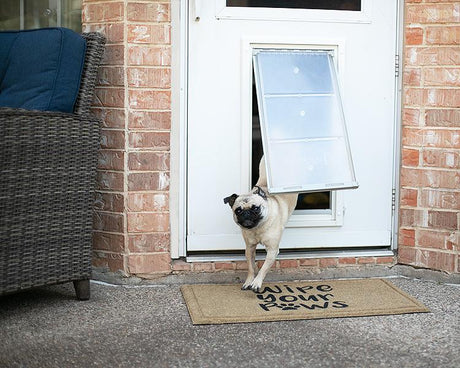 A pug walks through a pet door with a doormat that reads "Wipe your paws" in front of it.