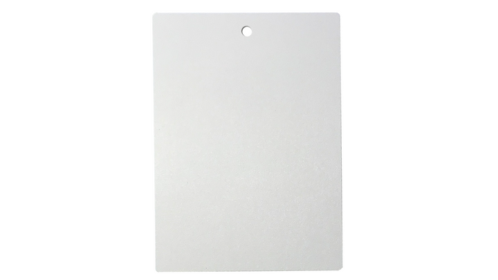 A white rectangular tag with a hole.