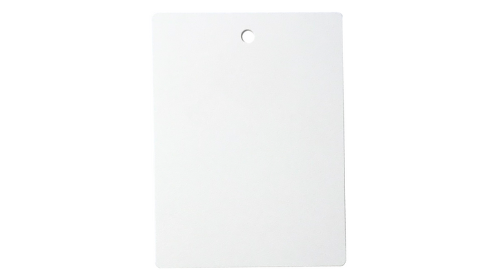 A white rectangular tag with a hole at the top center.
