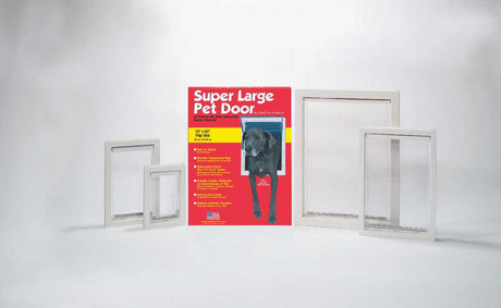 A "Super Large Pet Door" package is displayed with several pet door frame sizes.