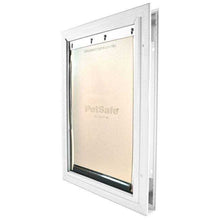 A white pet door with a clear flap that says 