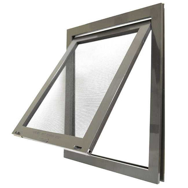 Close-up of a gray framed pet door with the screen swung open_Color_Black