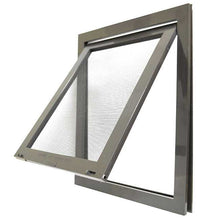Close-up of a gray framed pet door with the screen swung open.