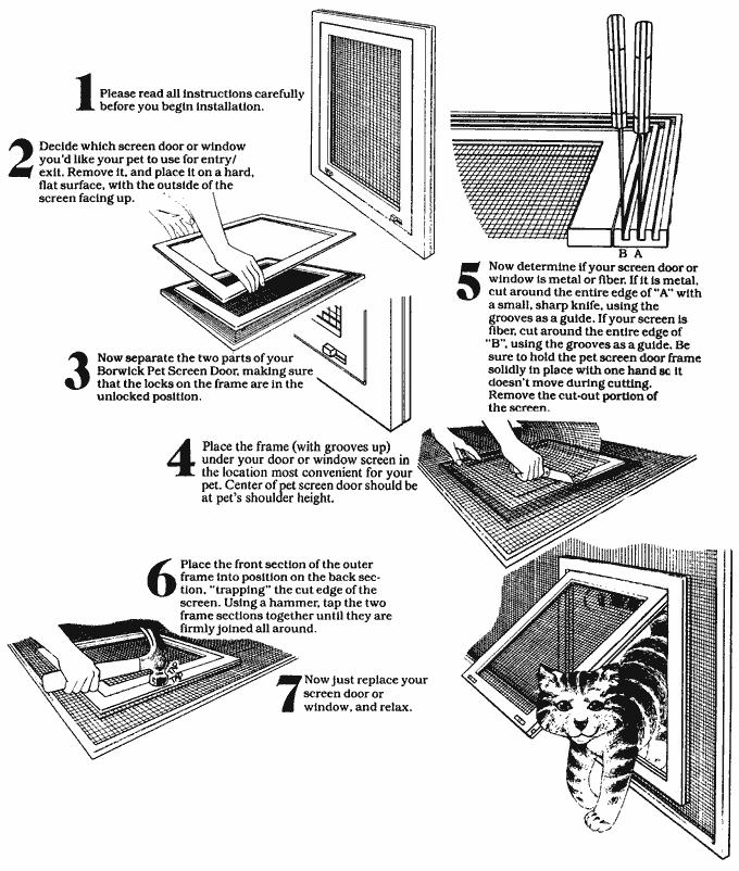 Diagram showing instructions for installing a pet screen door.