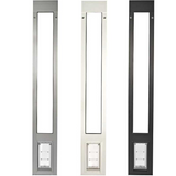 Three rectangular pet door inserts, in silver, white, and black, are displayed against a white background.
