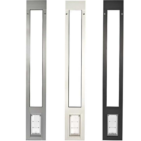 Three rectangular pet door inserts, in silver, white, and black, are displayed against a white background.
