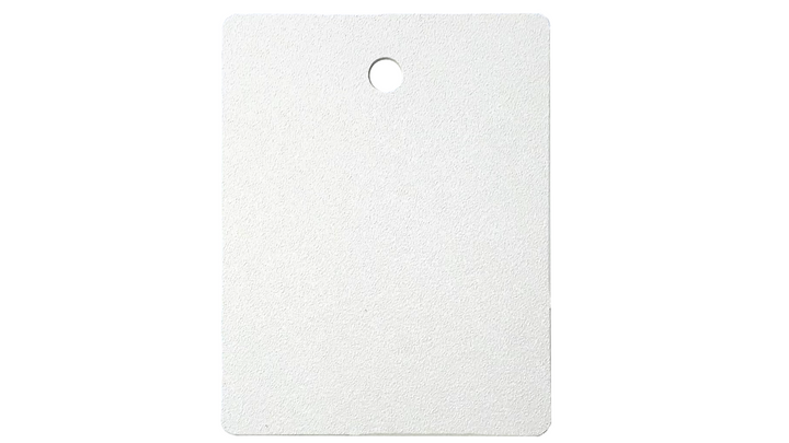 White rectangular tag with a hole.
