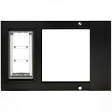 Black window insert with a pet door.