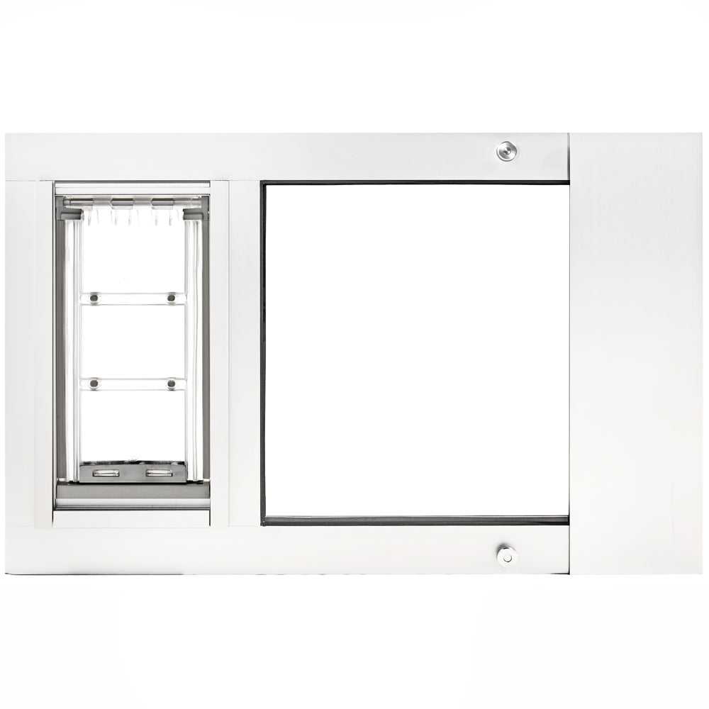 A white sliding glass door insert with a pet door.