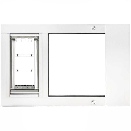 A white sliding glass door insert with a pet door.