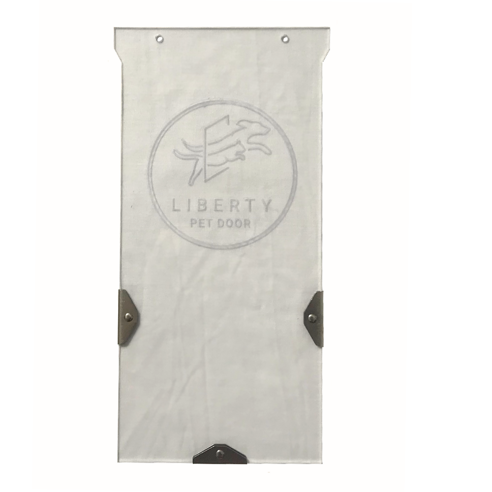 A white Liberty Pet Door flap with corner protectors.