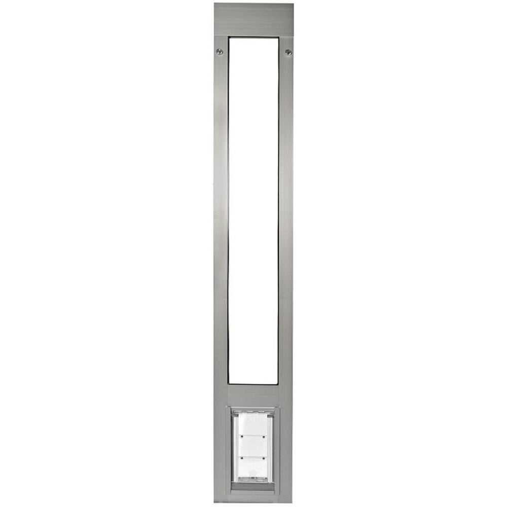 A silver-colored door insert with a large window and a small pet door at the bottom._Color_Brushed_Aluminum