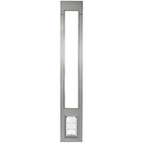 A silver-colored door insert with a large window and a small pet door at the bottom._Color_Brushed_Aluminum