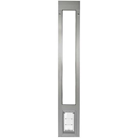 A silver-colored door insert with a large window and a small pet door at the bottom._Color_Brushed_Aluminum
