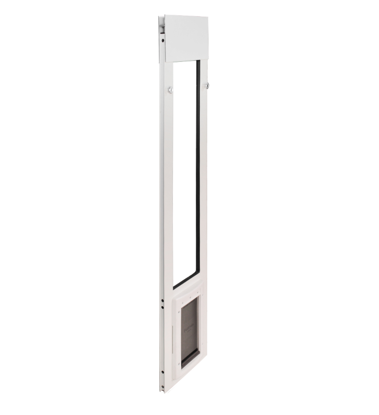 A white sliding glass door insert with a pet door.