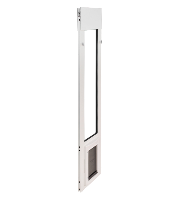 A white sliding glass door insert with a pet door.