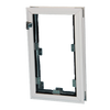 A white window frame has metal brackets attached.