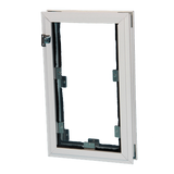 A white window frame with metal mounting brackets.