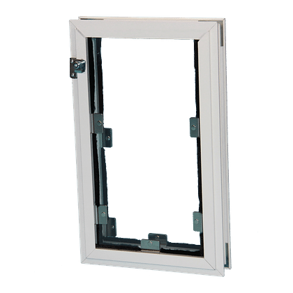 A white window frame with metal mounting brackets.