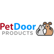 Logo for Pet Door Products, featuring text and stylized cat and dog icons.