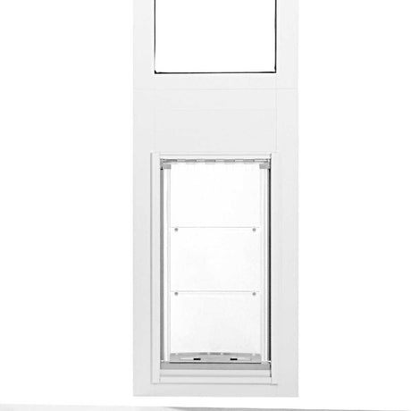 White-framed pet door insert for sliding glass door.