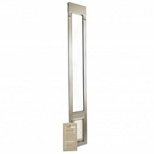 A sliding glass door insert with a pet door and a removable cover.