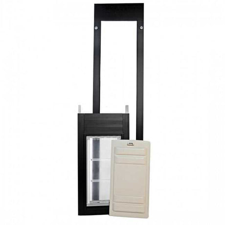 A black-framed pet door with a clear vinyl flap and a white cover.
