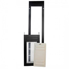 A pet door insert for sliding glass doors, with a dark frame, clear flap, and a white panel cover.