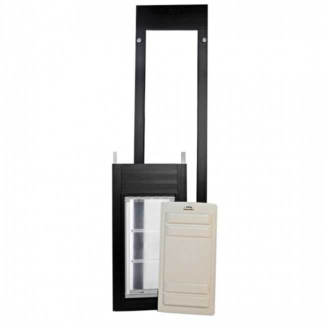 A pet door insert for sliding glass doors, with a dark frame, clear flap, and a white panel cover.