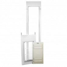 The image shows a white pet door system with a frame, a door panel, and a slide-in closing panel.