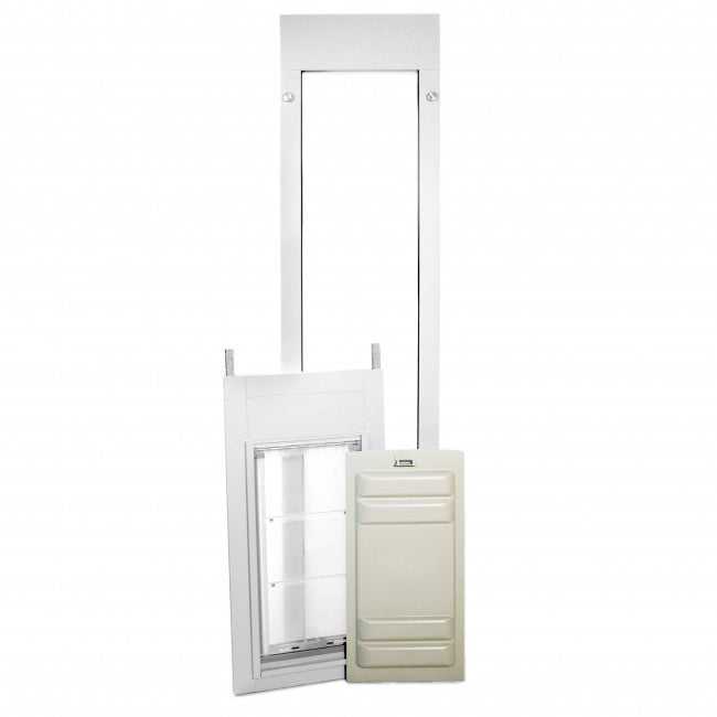 The image shows a white pet door system with a frame, a door panel, and a slide-in closing panel.