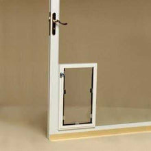 A white door with a small pet door installed at the bottom.
