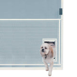 A small white dog walks through a dog door in a light blue mesh pet gate._Color_White
