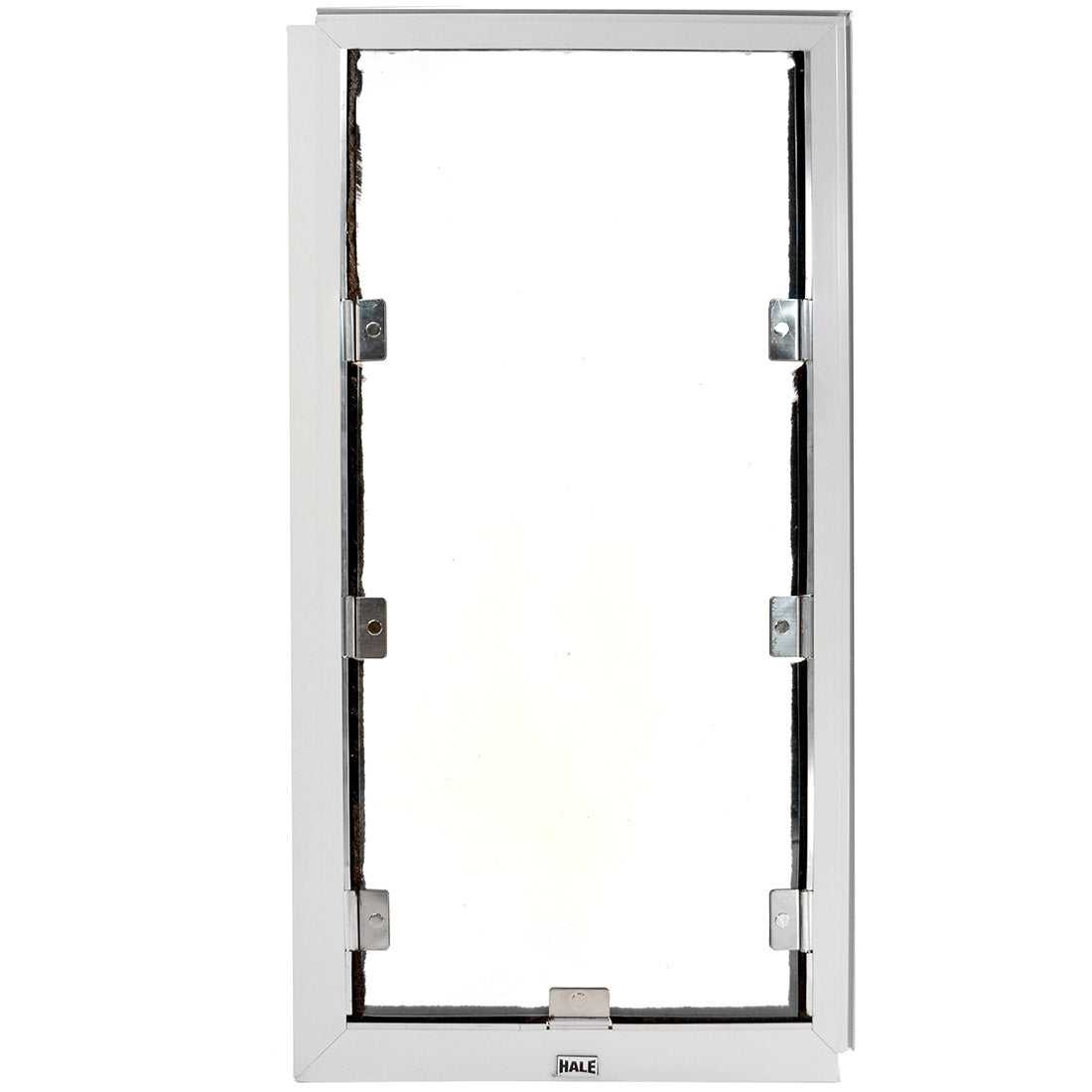 White rectangular frame with mounting brackets and weather stripping surrounding a transparent center.
