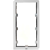 White rectangular frame with mounting brackets and weather stripping surrounding a transparent center.