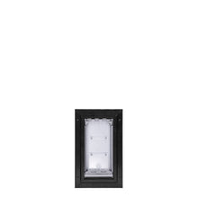 Rectangular pet door with black frame and clear flexible flaps.