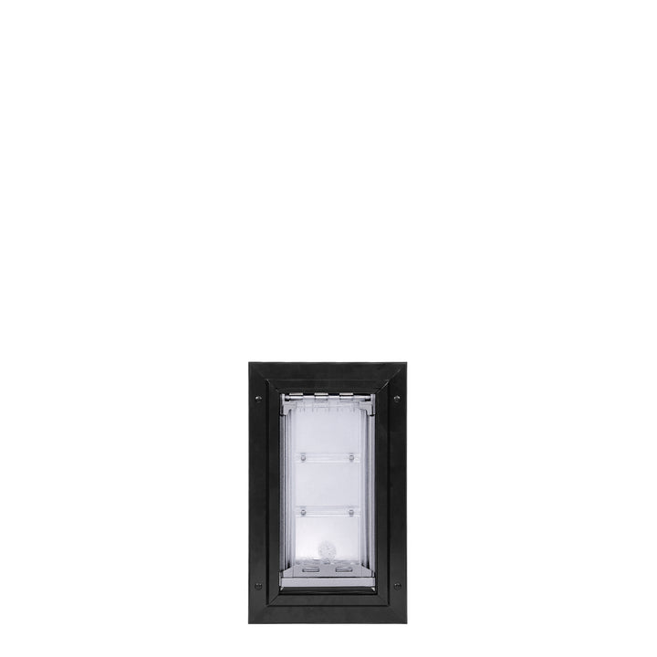 Rectangular pet door with black frame and clear flexible flaps.