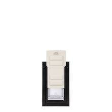 Black framed pet door with a white panel partially lowered.