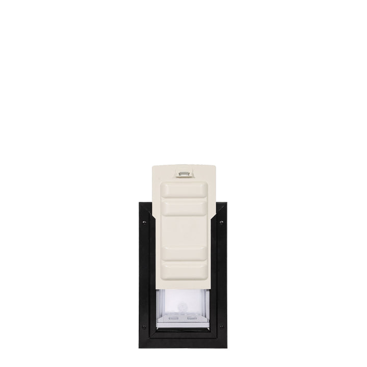 Black framed pet door with a white panel partially lowered.