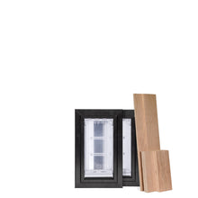 Two black-framed dog doors with transparent flaps are pictured next to wooden planks on a white background.