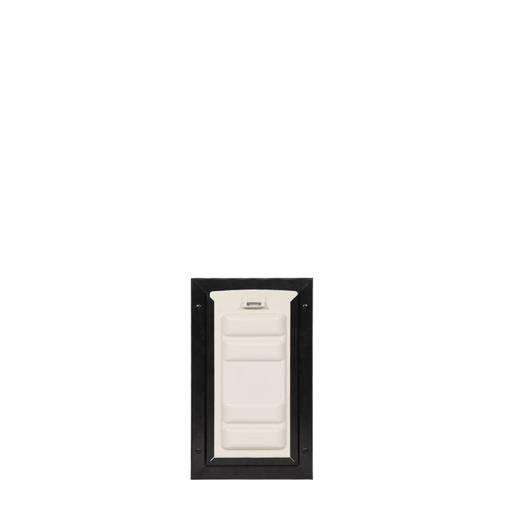 A pet door flap with a dark frame on a white background.