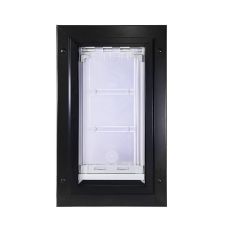 A black-framed pet door with a clear multi-paneled flap._Color_Black